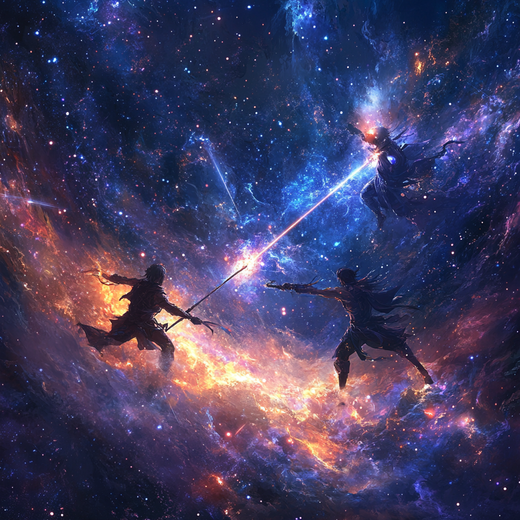 Anime-style warriors in cosmic battle among vibrant nebulae, celestial patterns, glowing constellations.