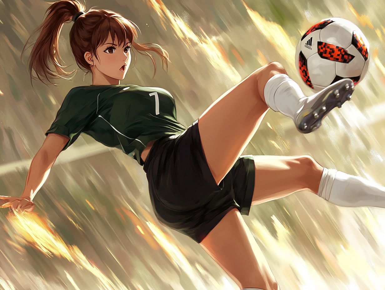 Anime style woman kicking a soccer ball towards goal.