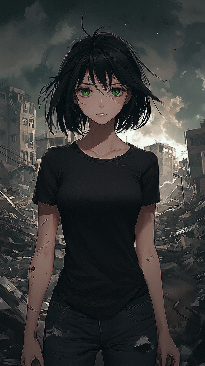 Anime style young woman with feline eyes. Night backdrop.