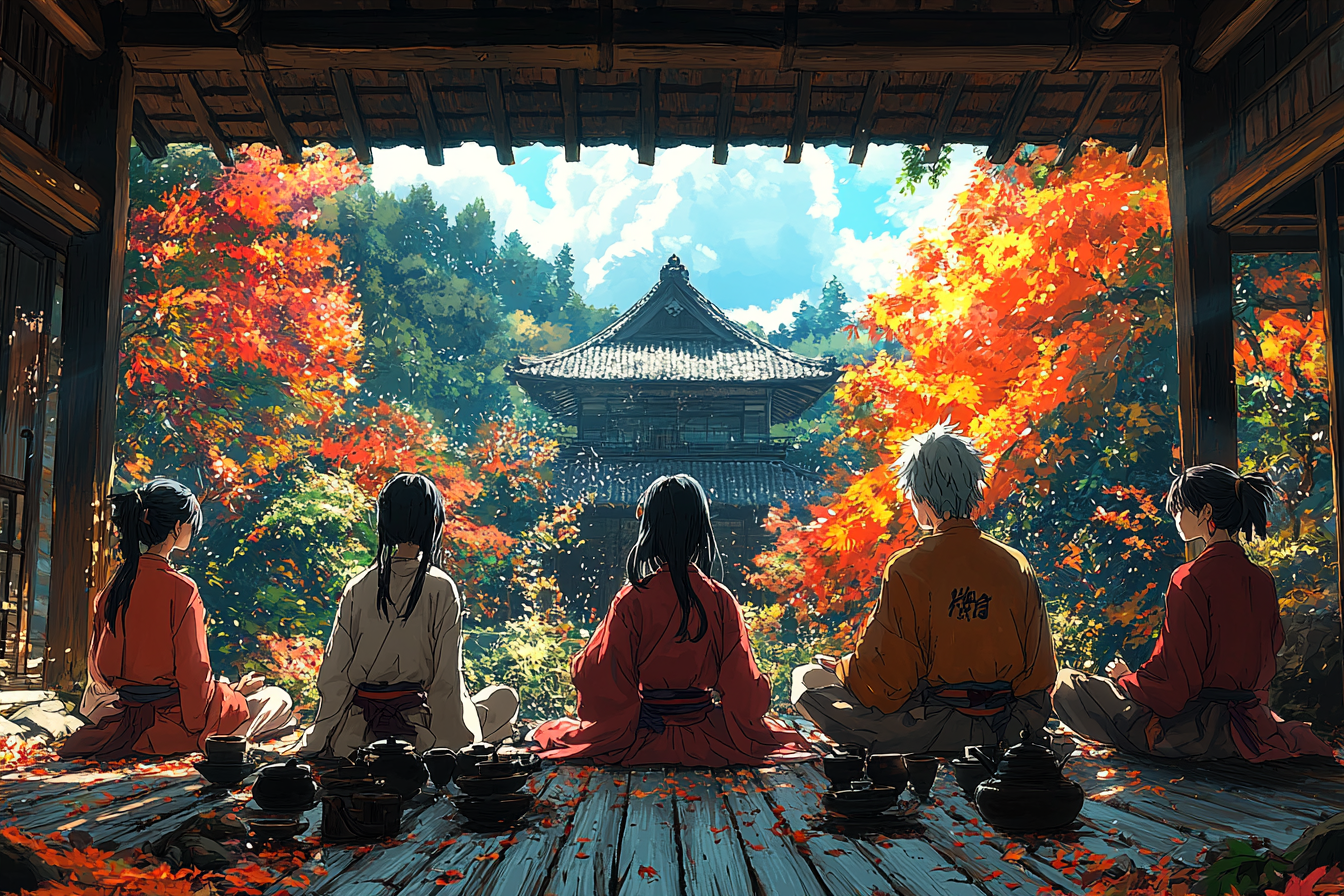 Anime teahouse scene with vibrant colors, fantastical landscapes.