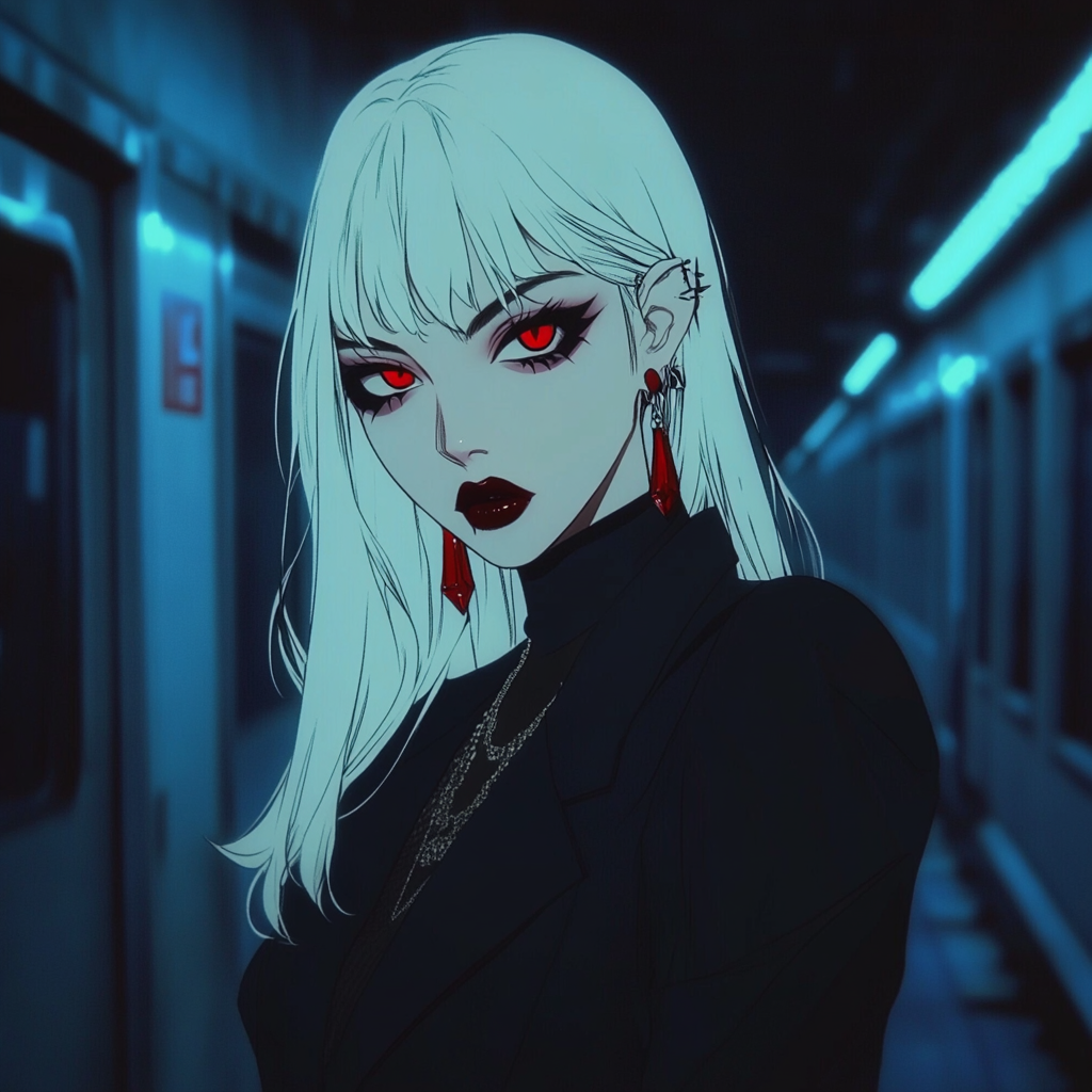 Anime vampire woman with gothic makeup on subway platform.