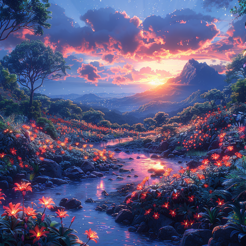 Anime wallpaper: Eye-catching jungle with colorful plants and animals.