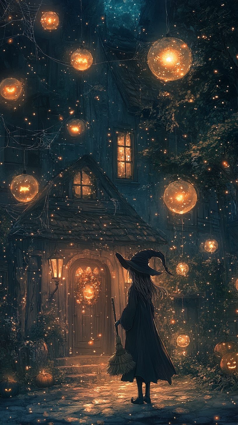 Anime witch at cobweb cottage with glowing orbs.