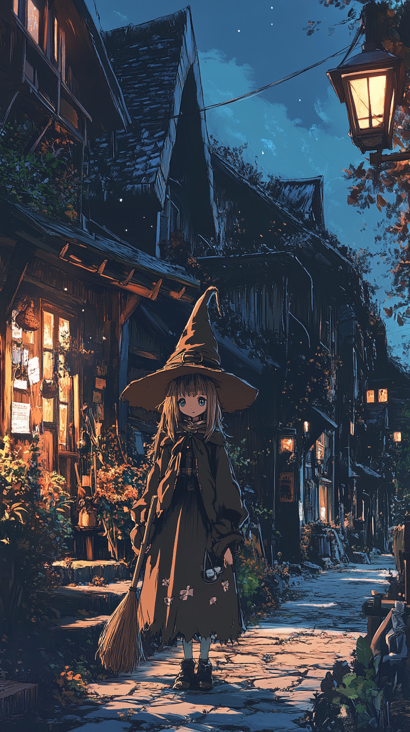 Anime witch in hat and cloak outside cottage.