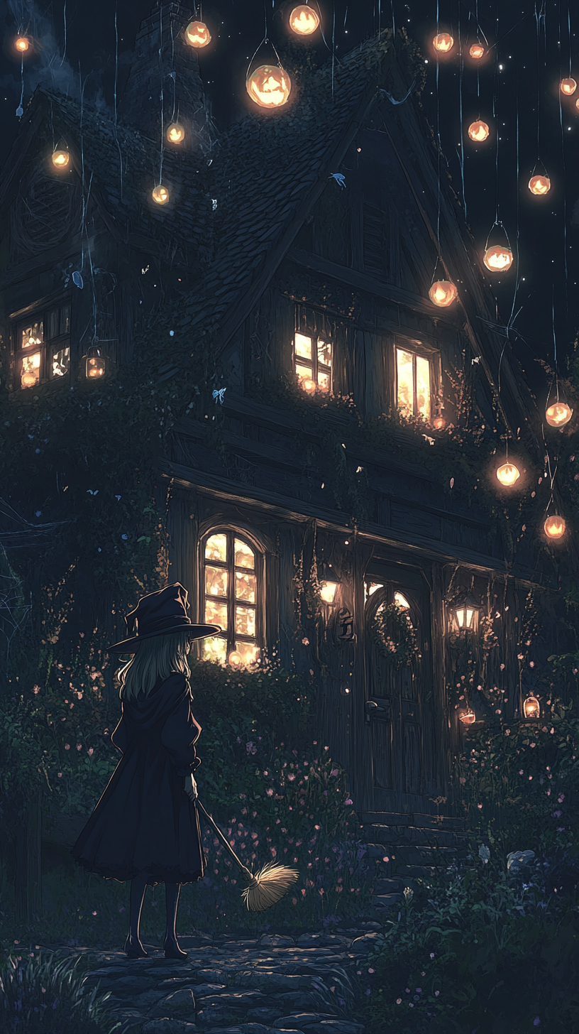 Anime witch with glowing orbs outside cottage on Halloween.