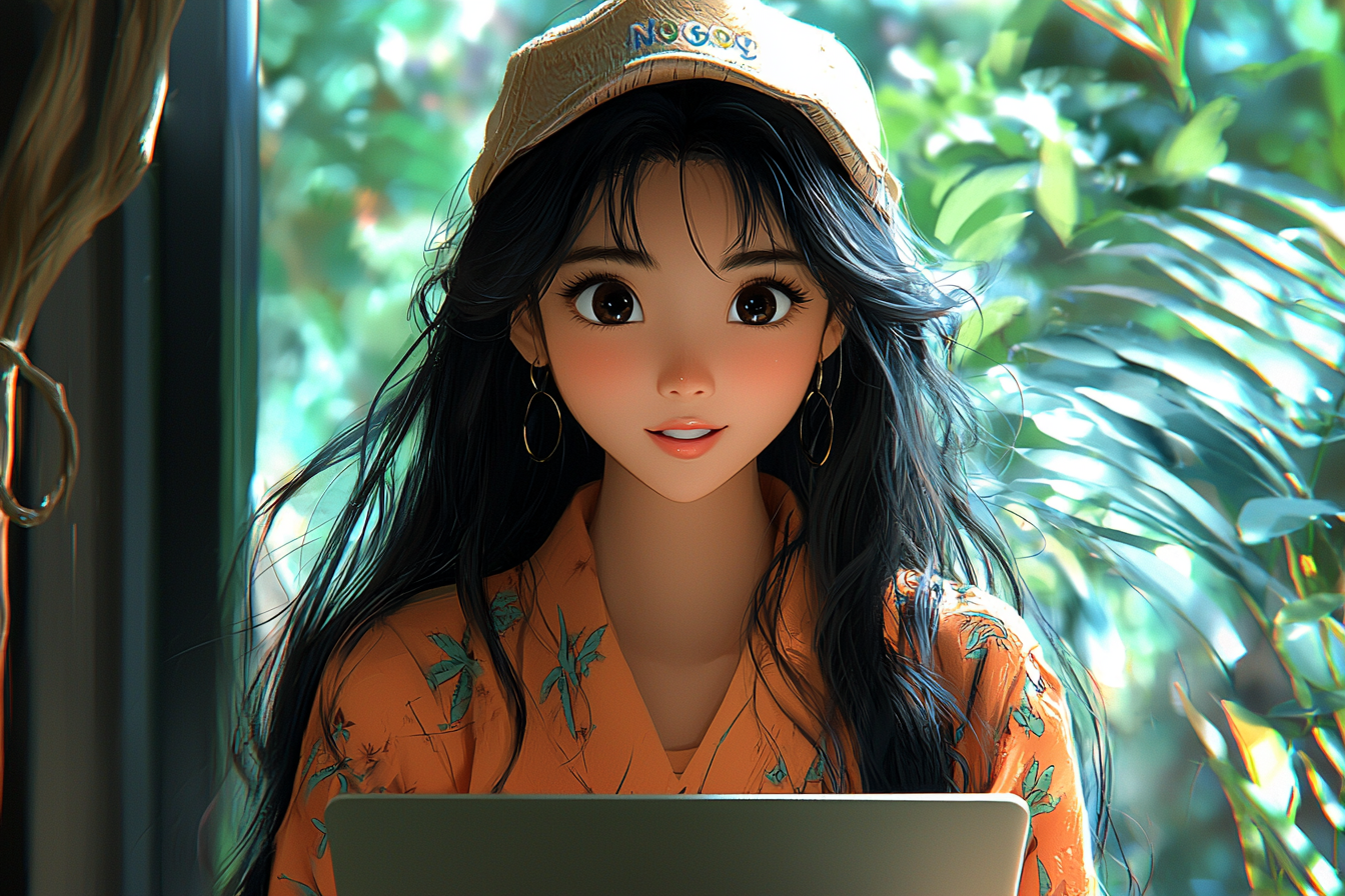 Anime with cheerful Asian girl in natural design.