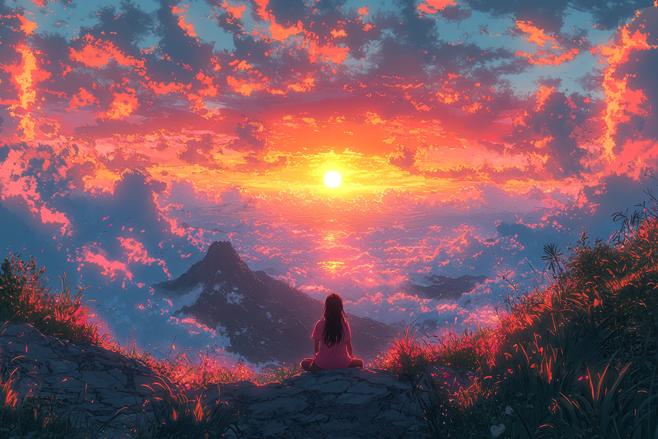 Anime: Black-haired girl on mountain watching sunset, high-quality.