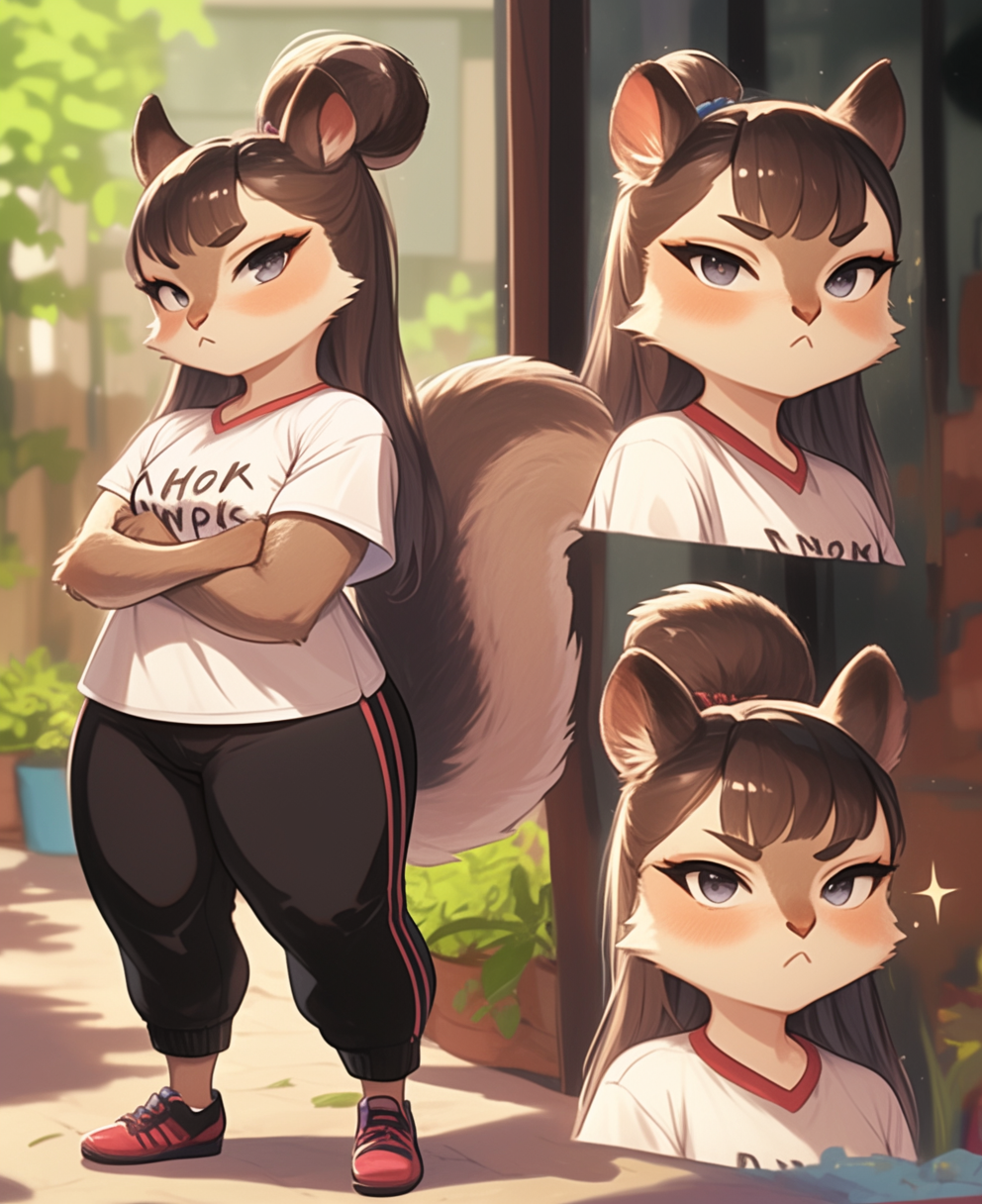 Anthro female squirrel in red tights and white shirt.