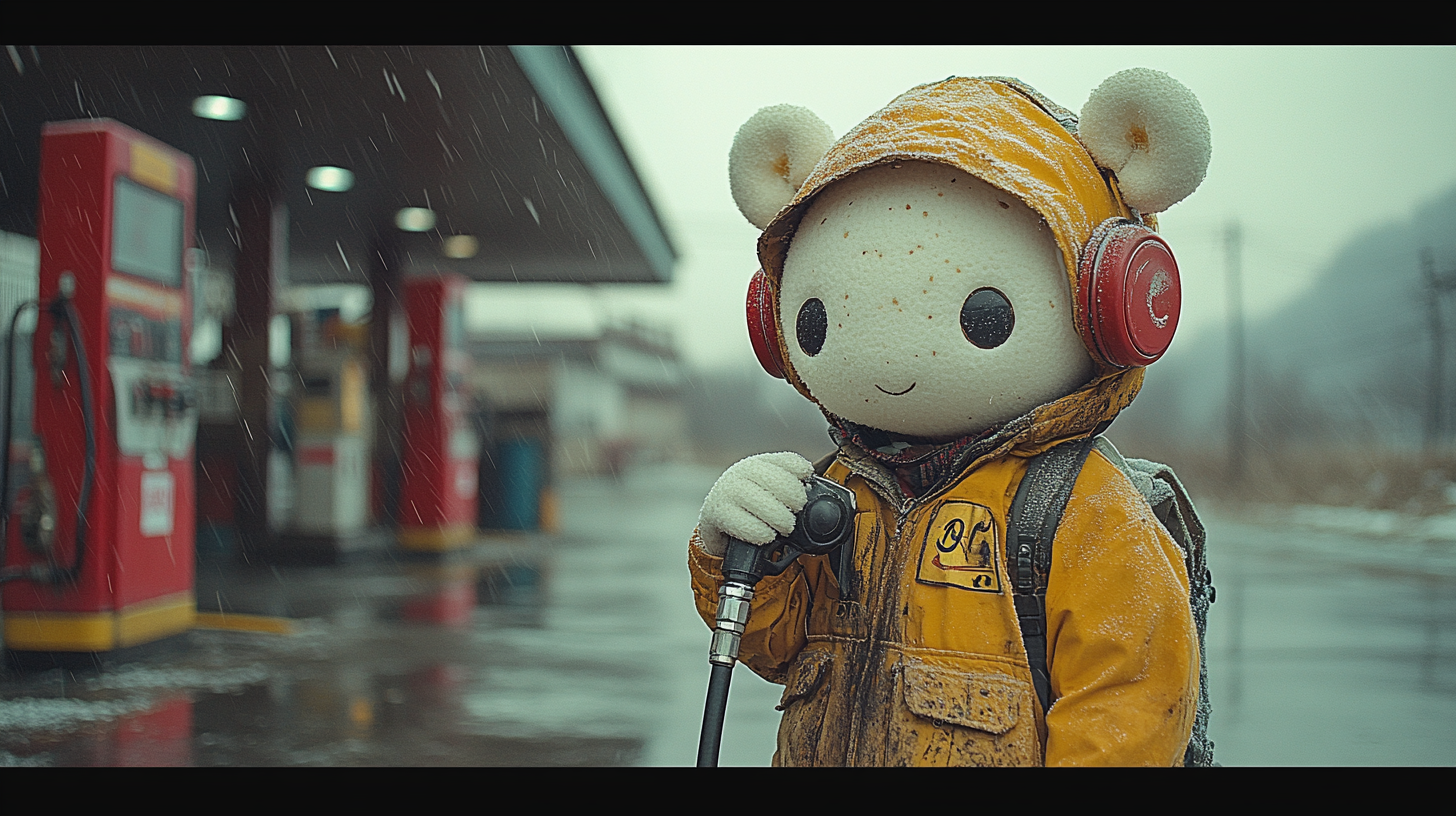 Anthropomorphic marshmallow worker in gas station fills car with fuel.