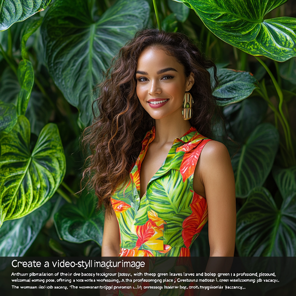 Anthurium plants background, woman offers job vacancy elegantly.