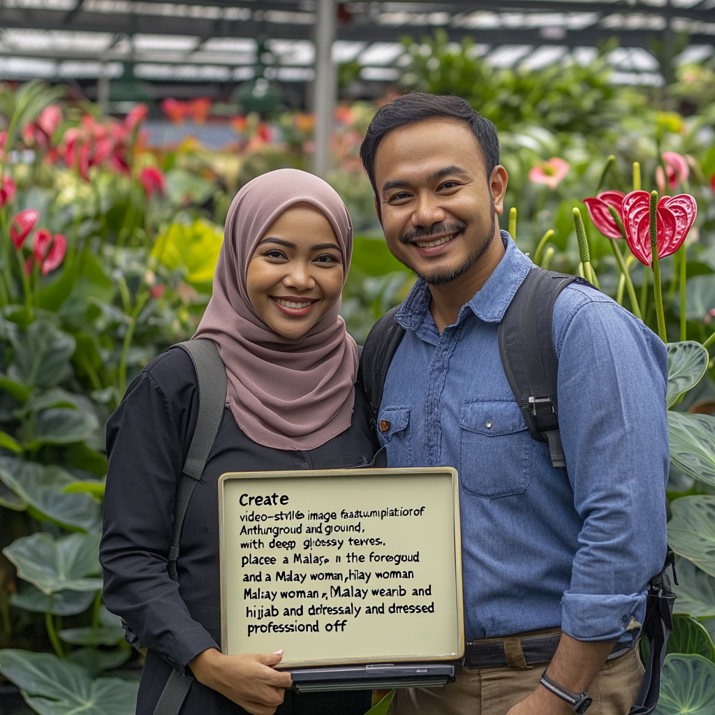 Anthurium plants with Malay woman and man holding Job Vacancy sign.