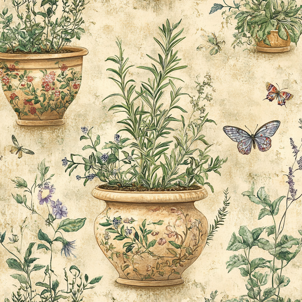 Antique Pots with Spiraling Herb Garden and Insects