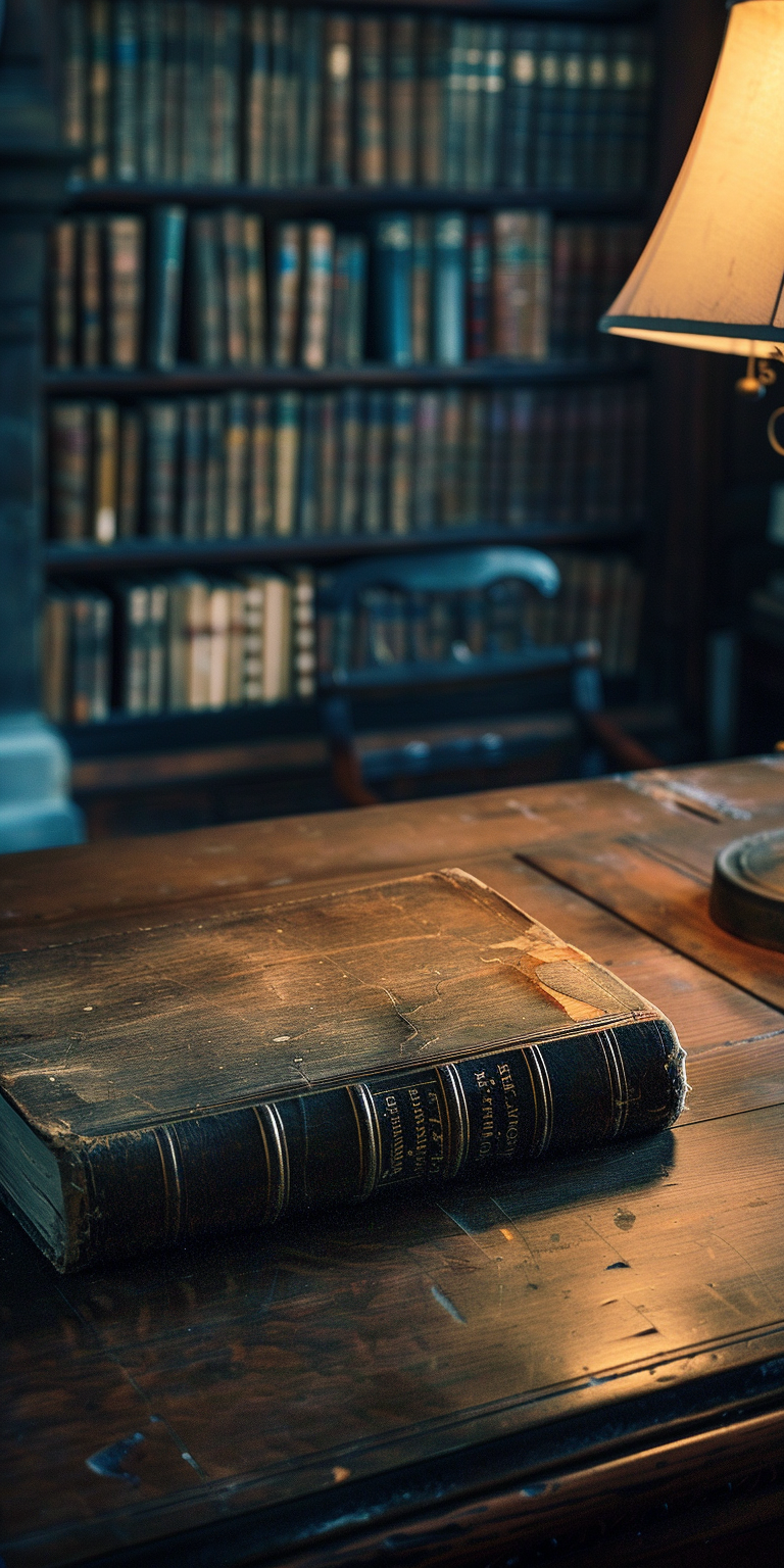 Antique book on desk in dark room library.