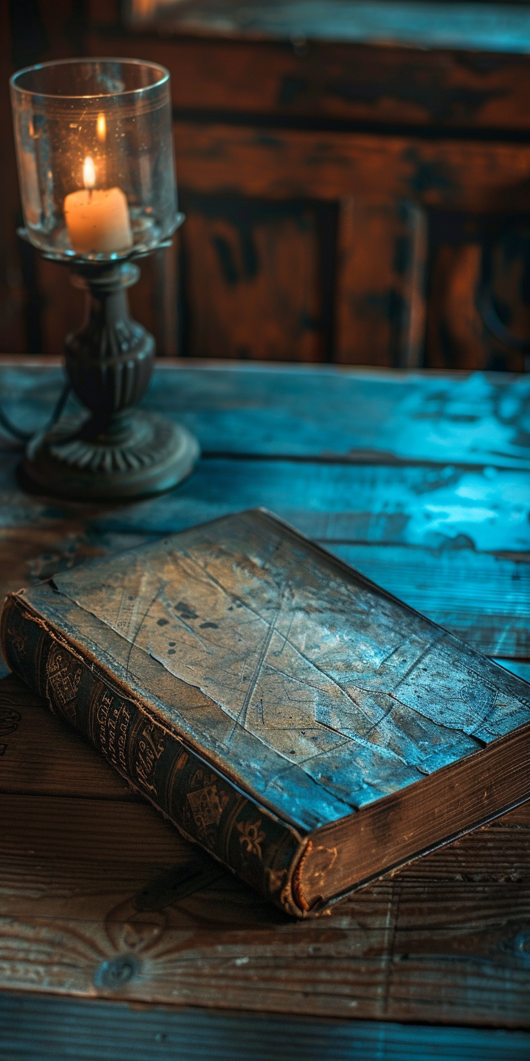 Antique book on wide table in dark library.