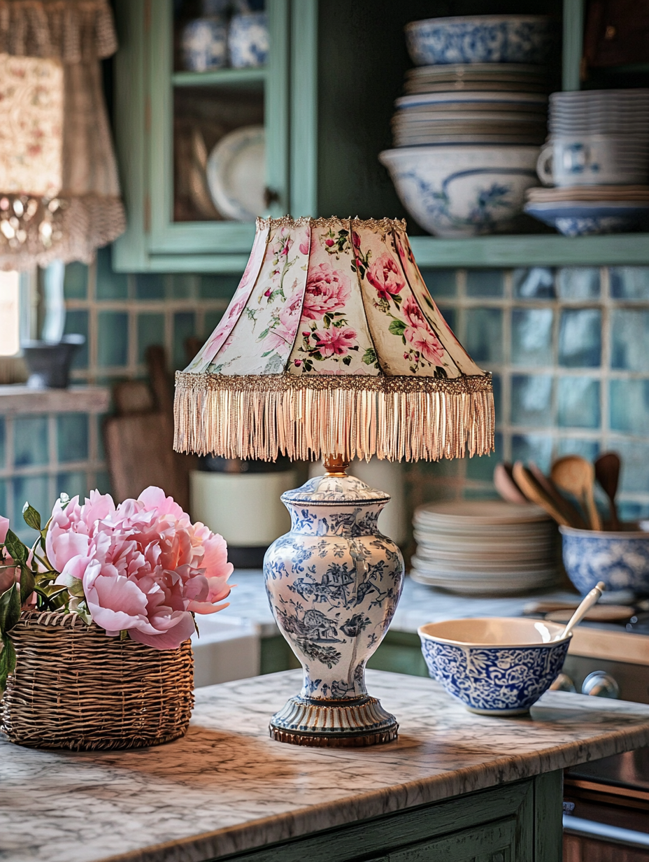 Antique lamp lights cozy kitchen with pastel dishes.