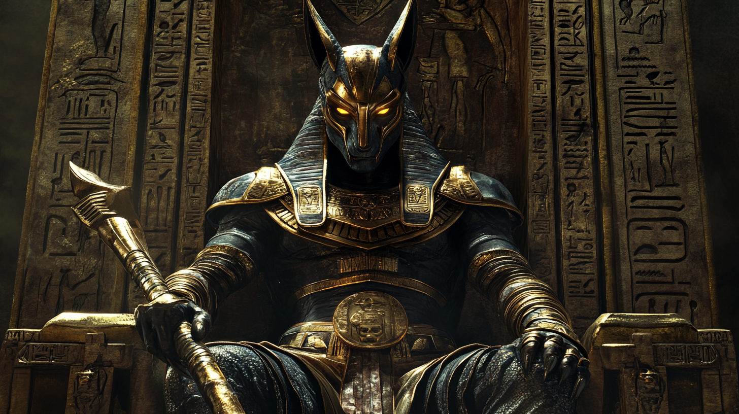 Anubis mobster with golden eyes on deathly throne