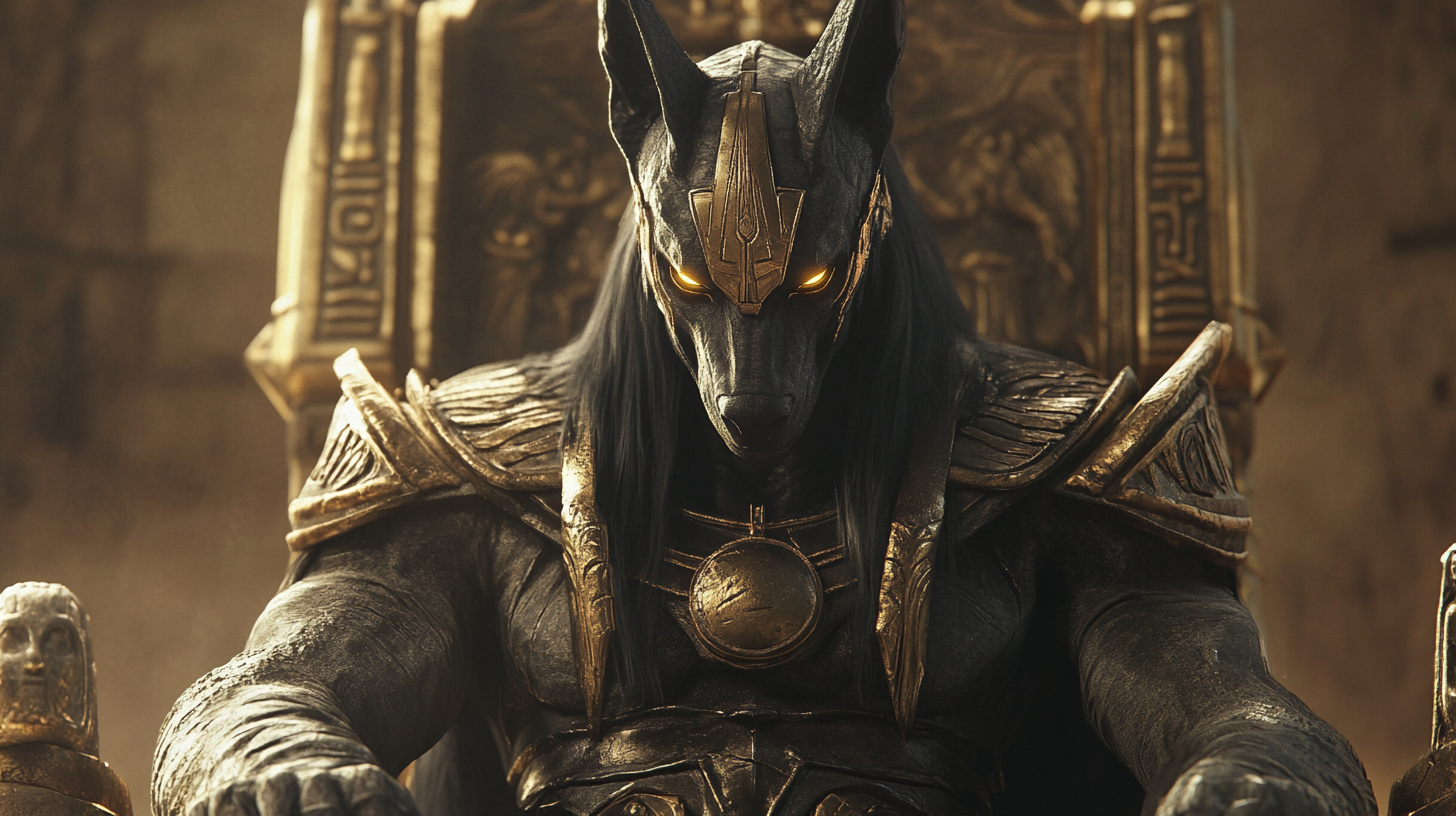 Anubis on throne, detailed face, glowing eyes, tattered armor.