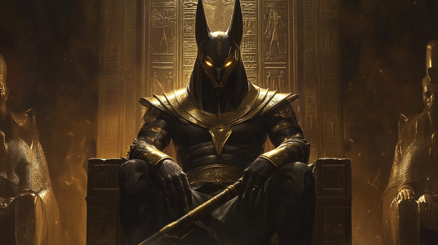 Anubis with sickle on golden throne in dark setting.