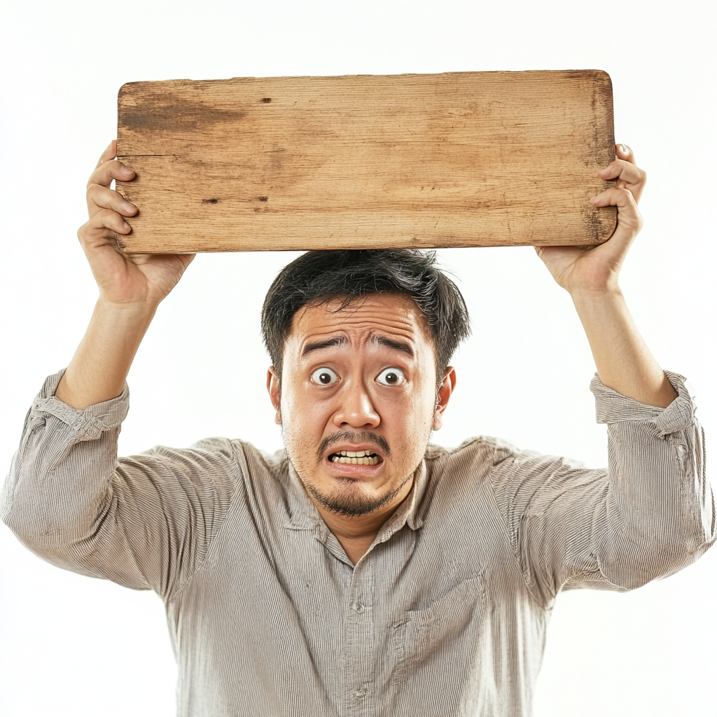 Anxious 30-Year-Old Asian Man Holding Wood Board