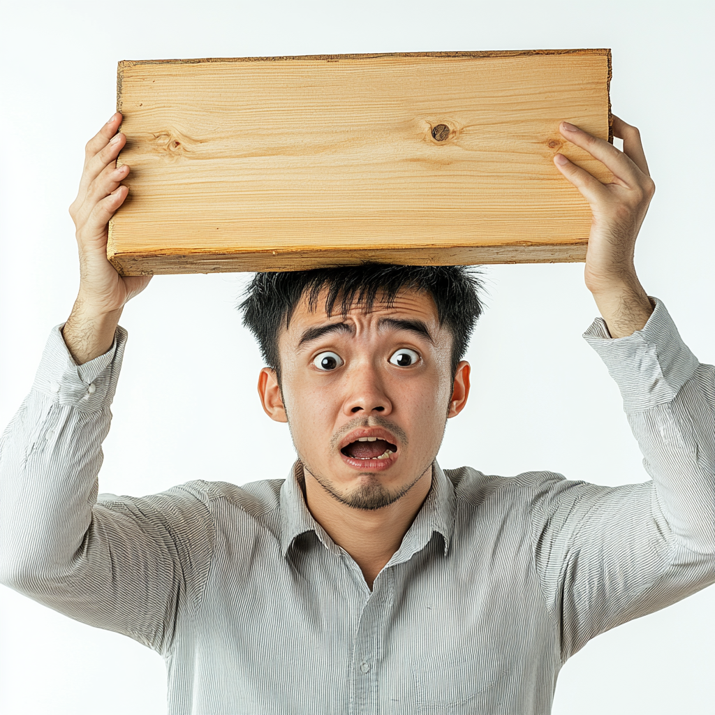 Anxious 30-Year-Old Asian Man Protecting Head, White Background