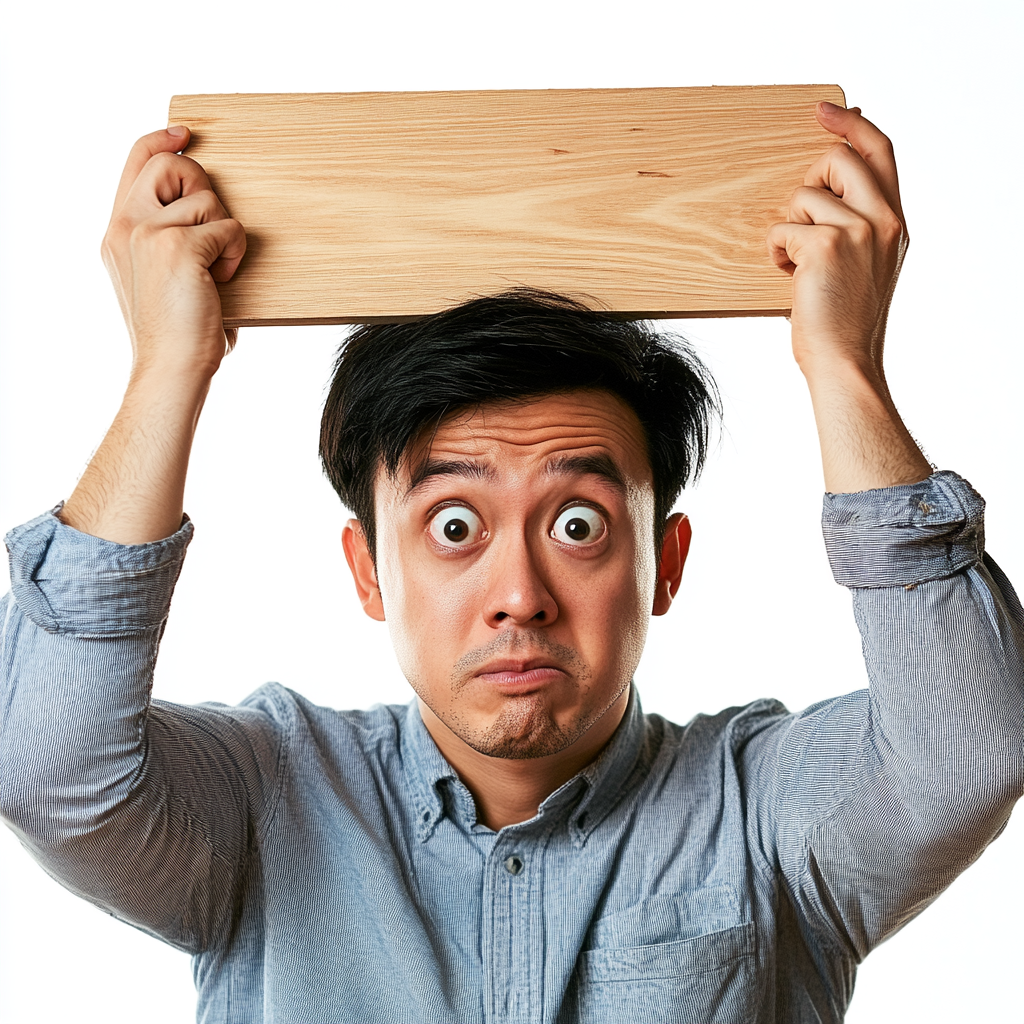 Anxious Asian Man with Falling Object on Wood Board