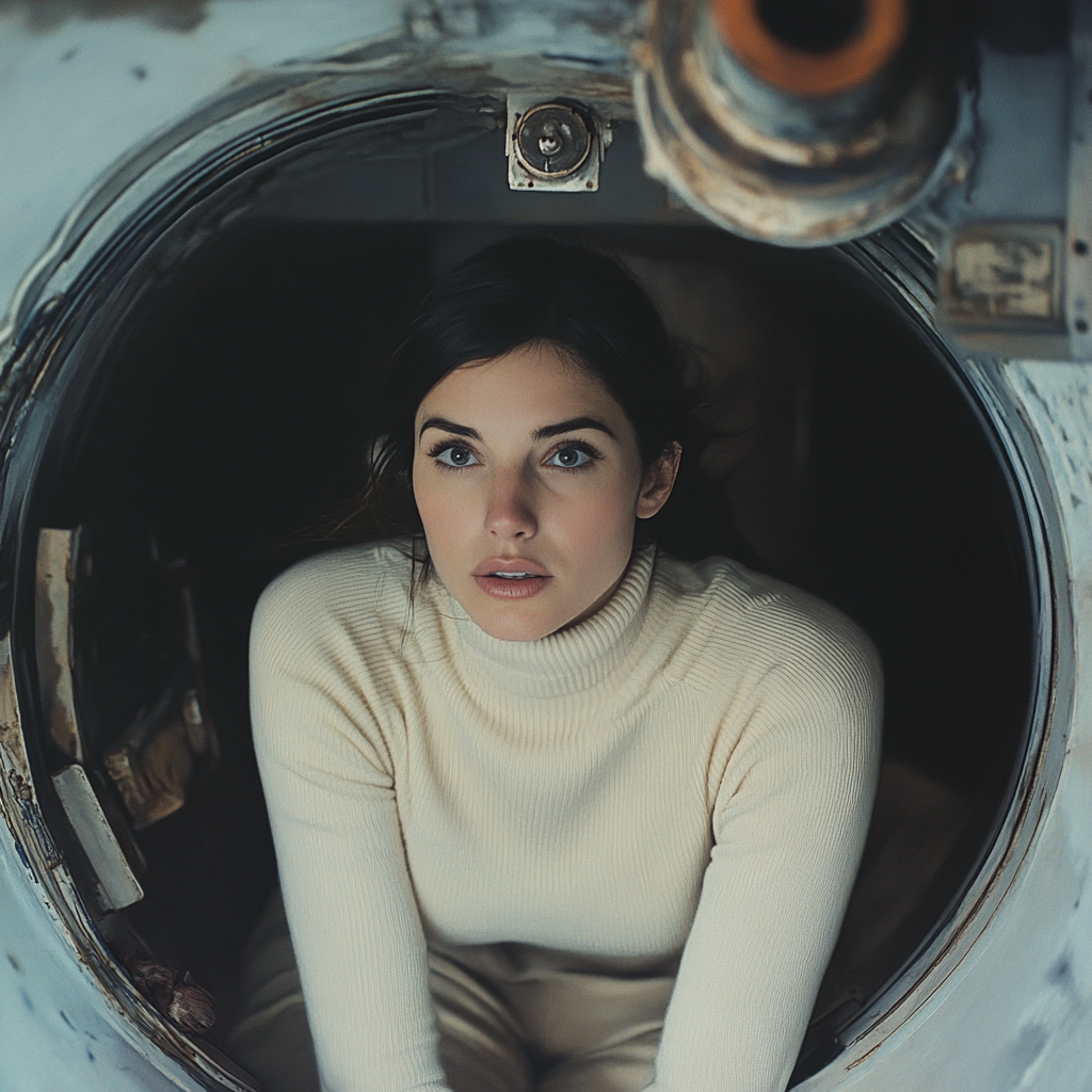 Anxious Chilean woman in cream turtleneck exits submarine.