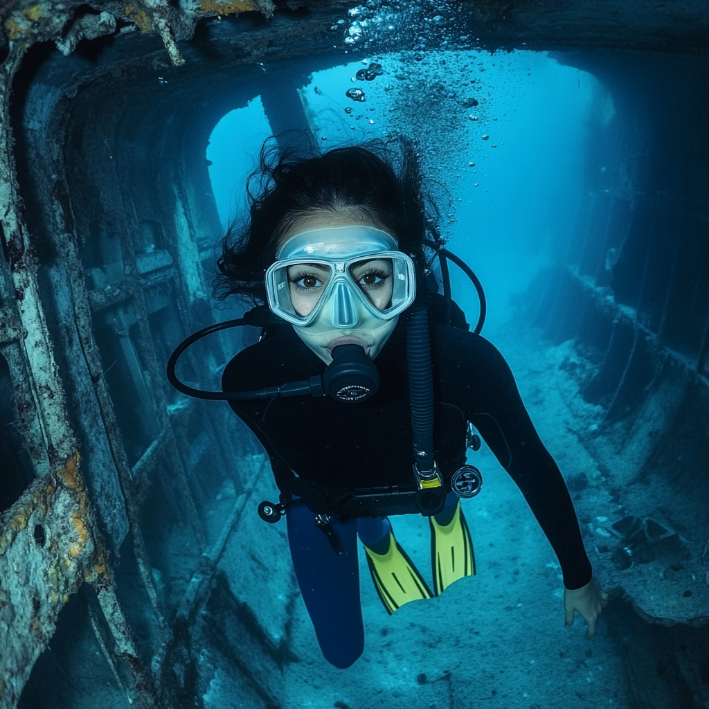 Anxious French beauty in black, blue, and yellow diving.