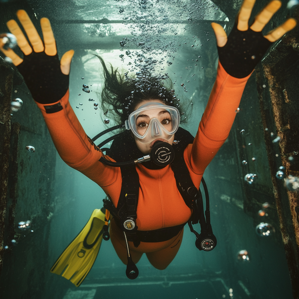 Anxious French diver exploring shipwreck in orange drysuit.