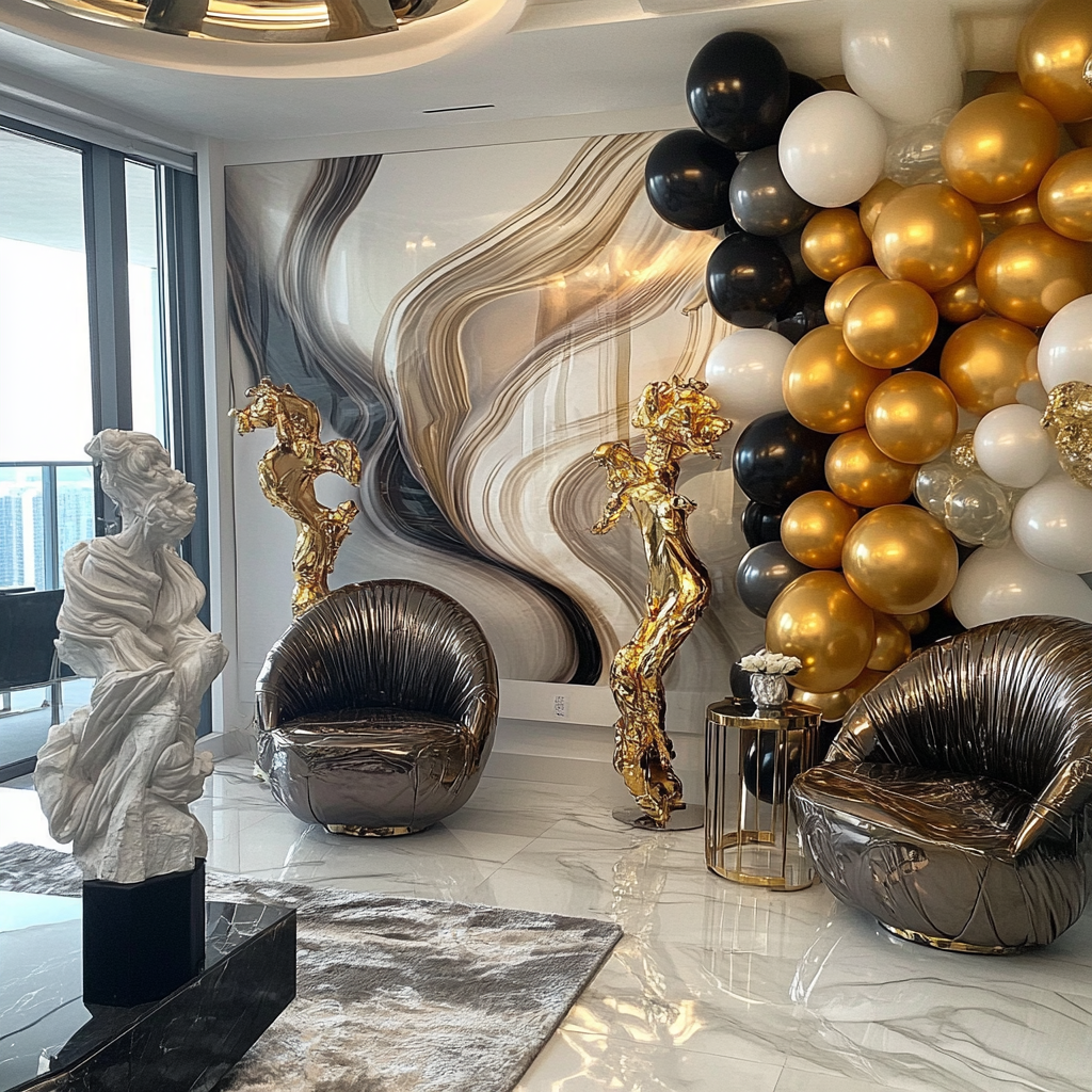 Apartment decorated with balloons, gold accents, antique furniture.