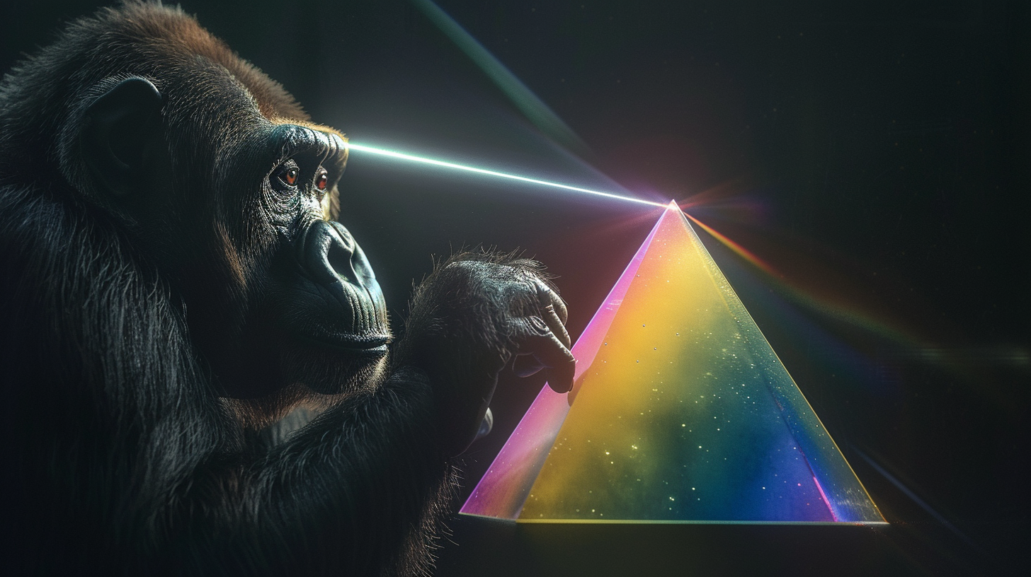 Ape holding colorful light prism shape.