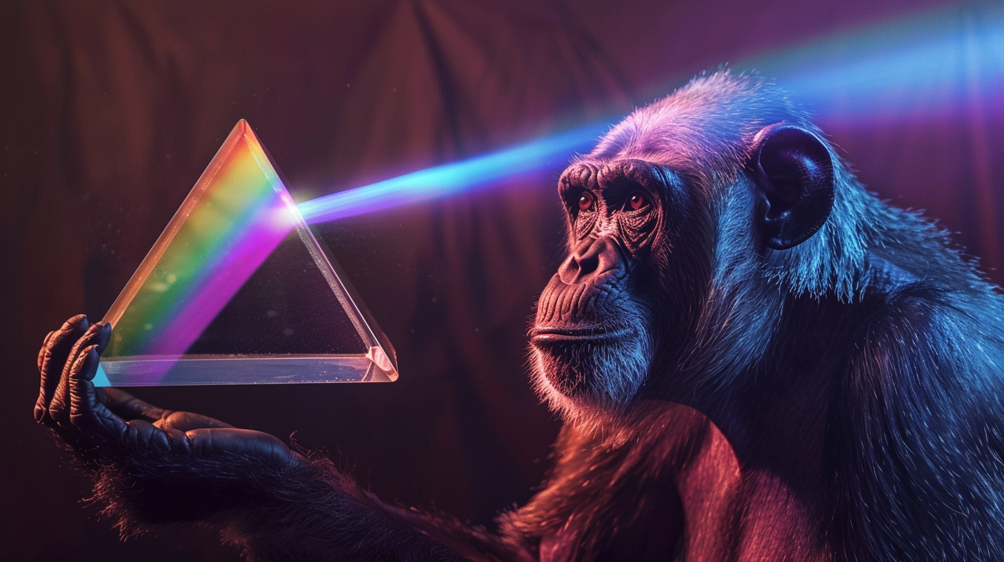 Ape holding prism emitting colorful light.