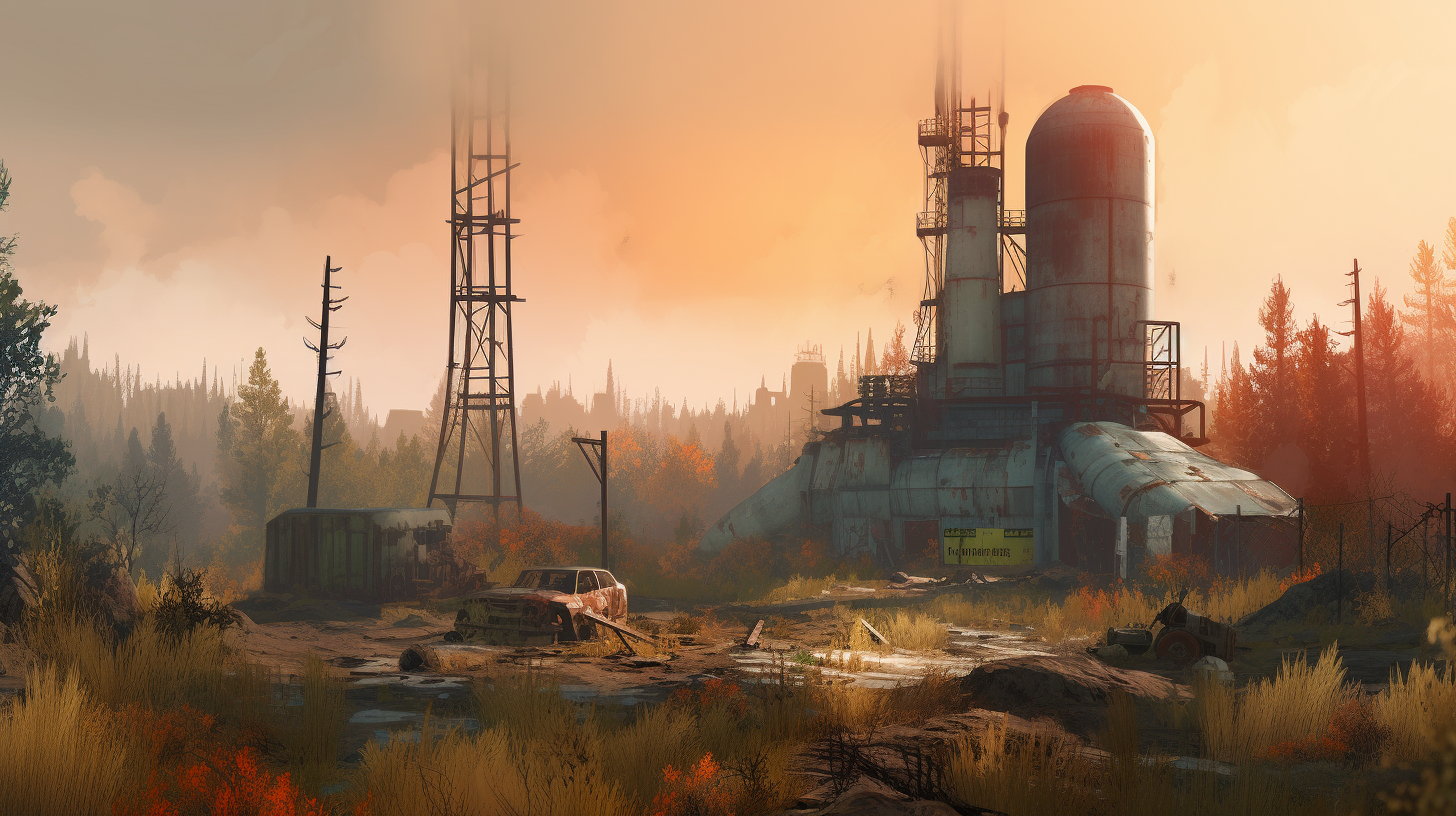 Apocalyptic landscape inspired by Rust game, Launch Site scene.