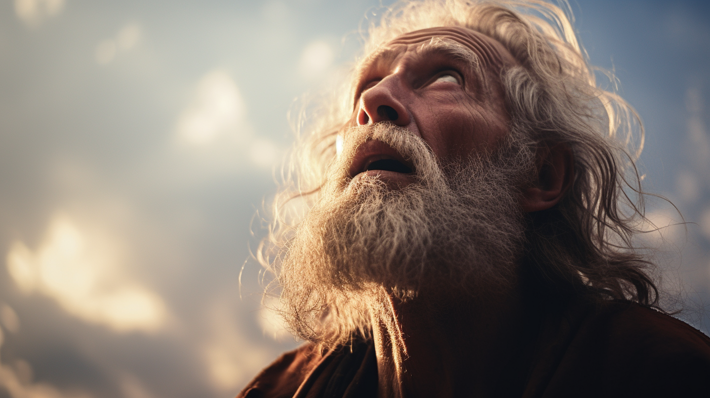 Apostle John gazes at majestic sky on beach