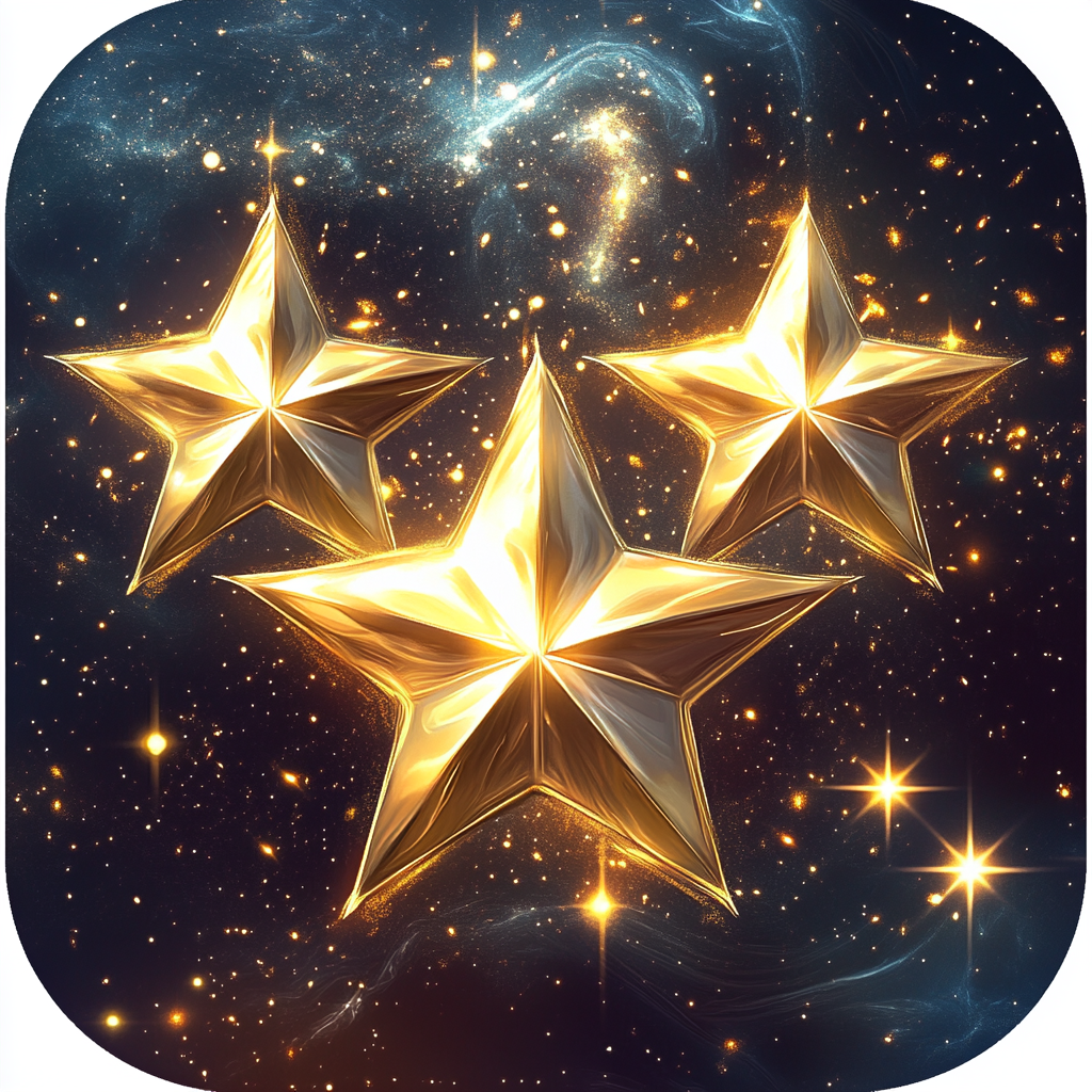 App icon: three radiant stars in gold and white.