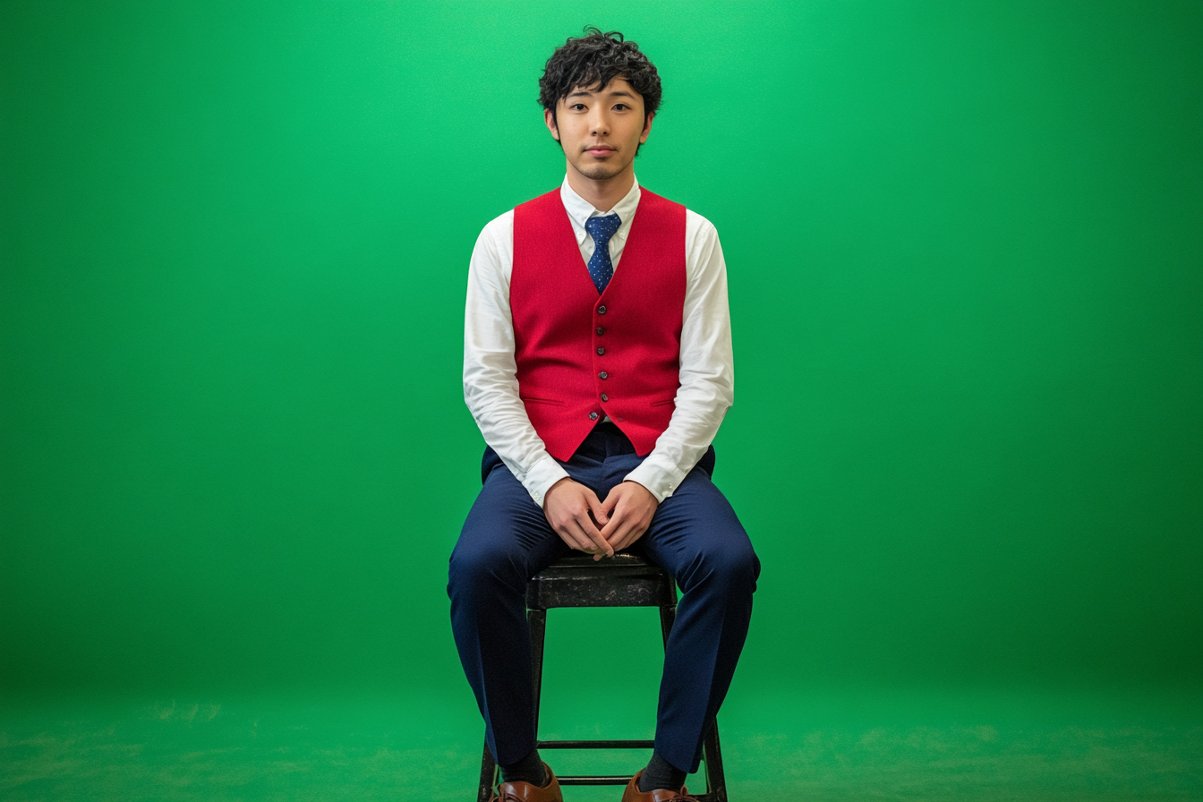 Approachable Japanese male in his twenties, sitting on iron stool.