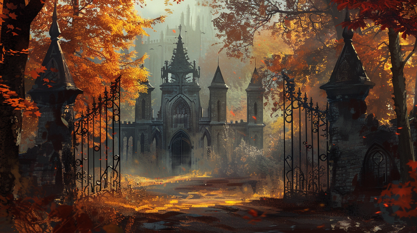 Approaching Abandoned Castle Gates Mid-day Autumn Fantasy Art