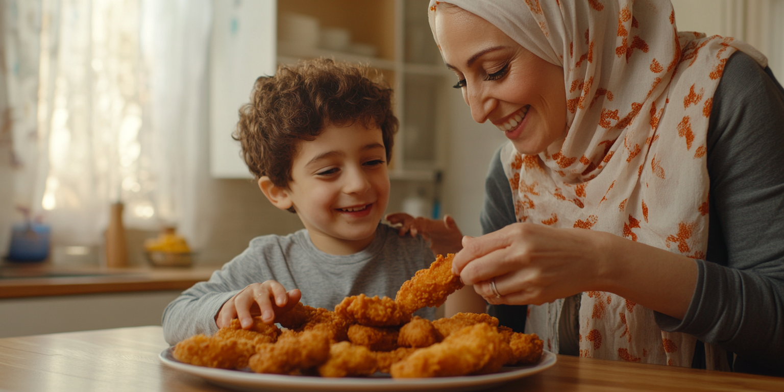 Arab Family Enjoying Chicken Strips in Ramadan Kitchen