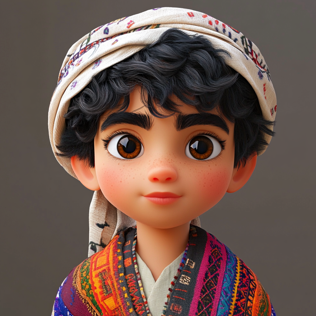 Arab boy with olive skin, curly hair, thobe, keffiyeh