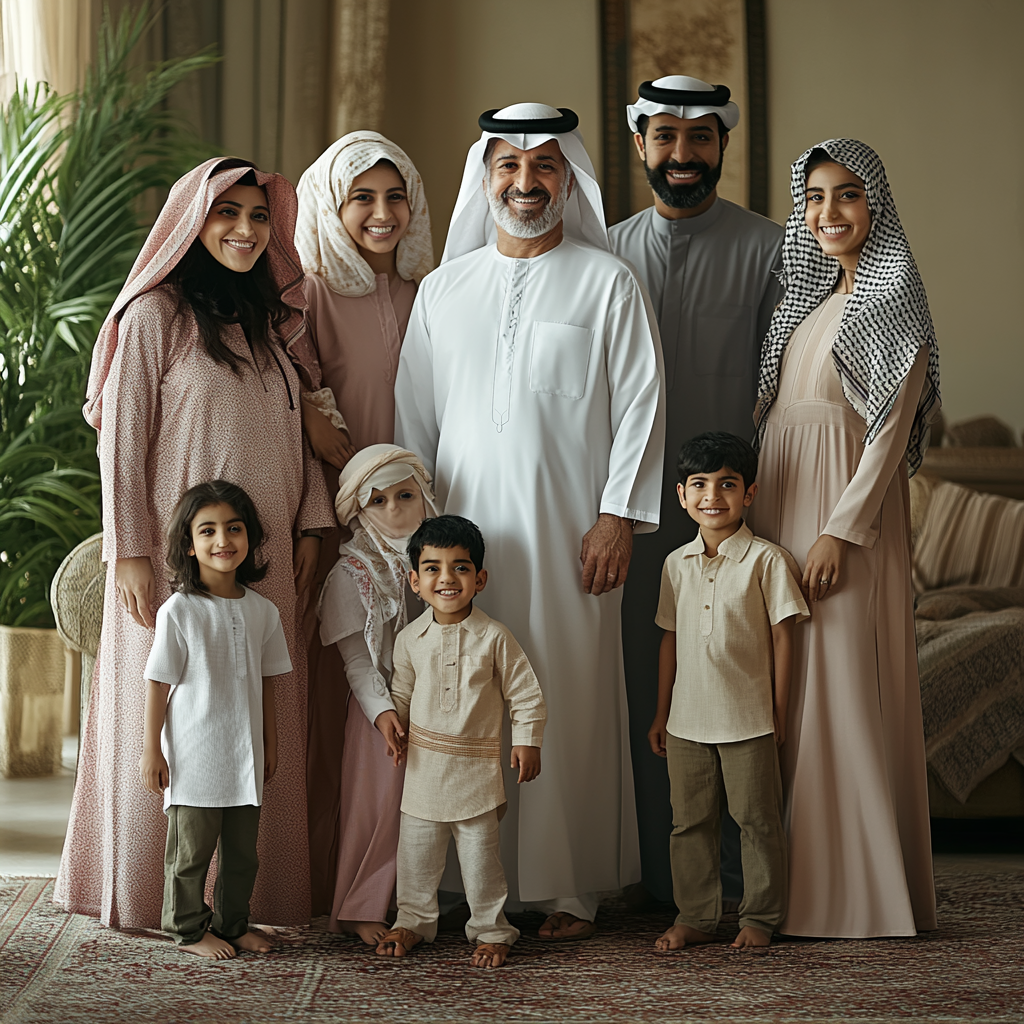 Arab family with 7 sons, 3 daughters, father, boy