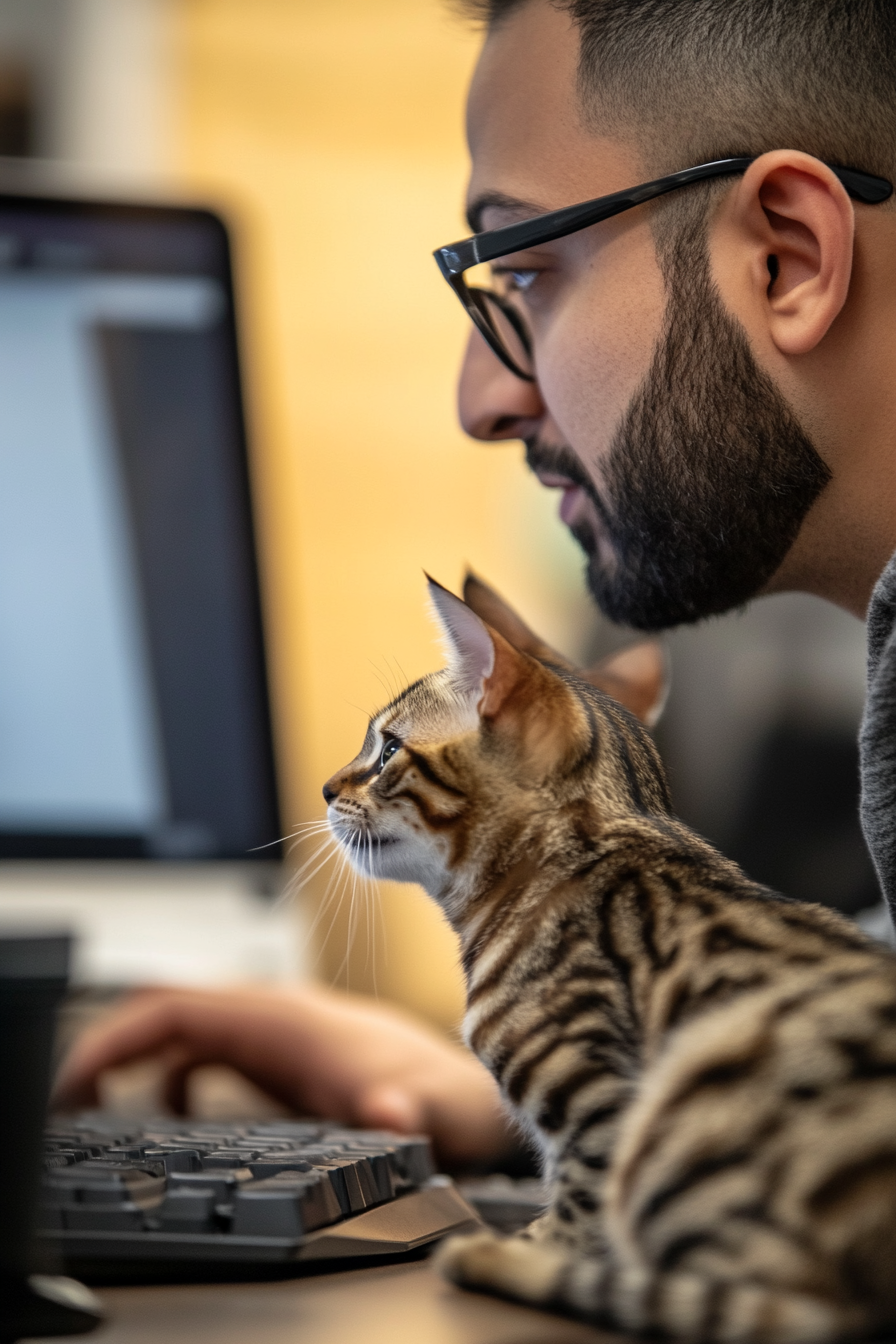 Arab male sales manager in Zoom with striped cat.