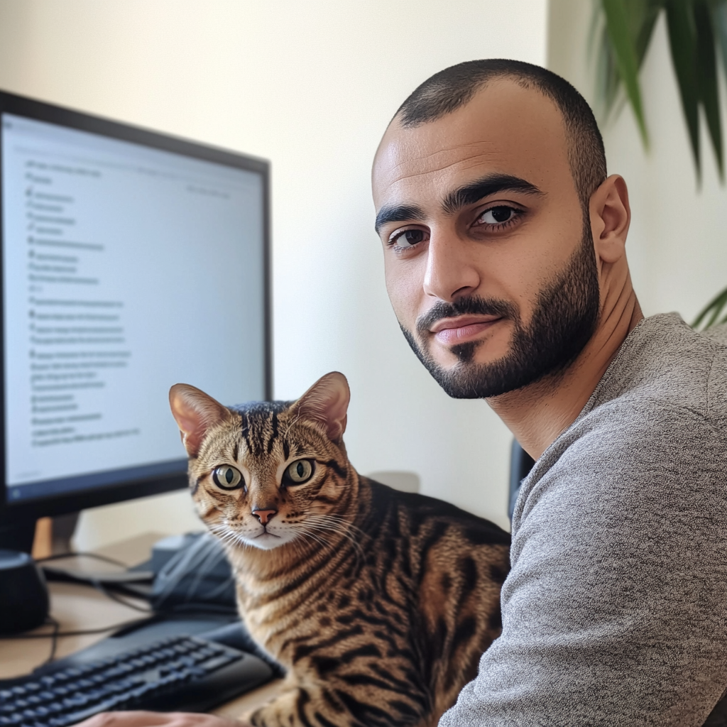 Arab man, cat in video meeting on computer camera.