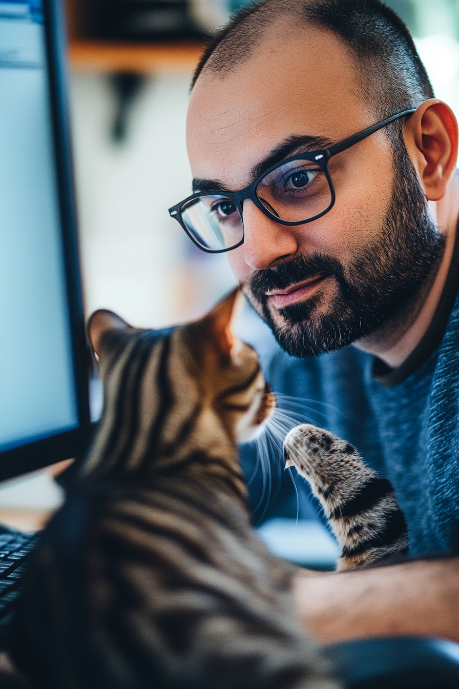 Arab man with cat interrupting zoom meeting.