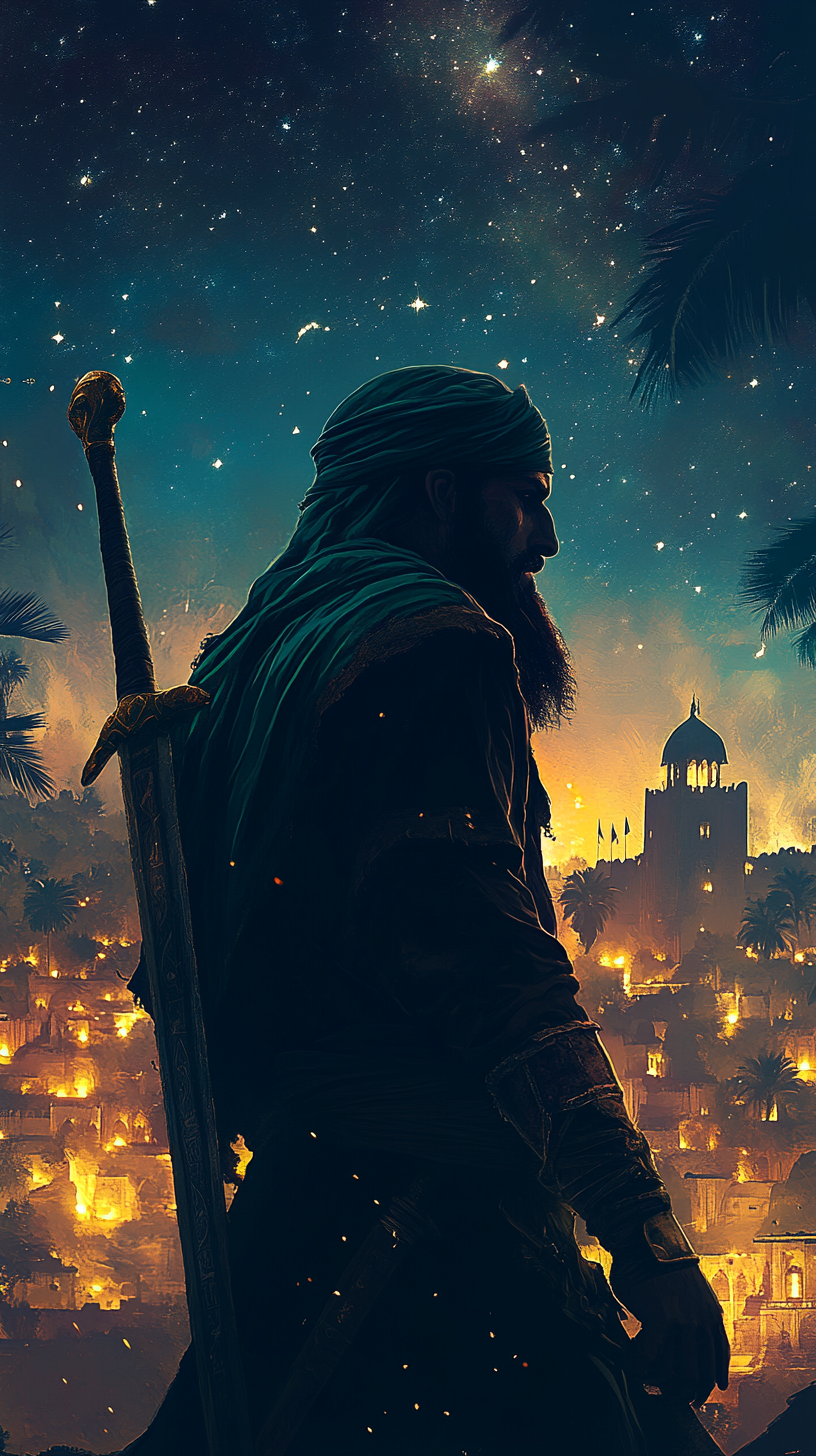 Arabian Warrior with Sword in Night Cityscape - AR 9:16