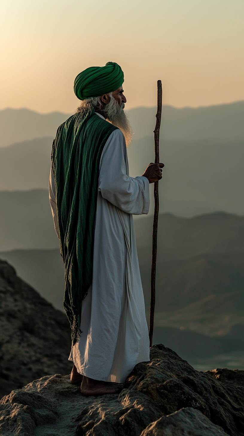 Arabian elder in traditional robes on mountain at sunset