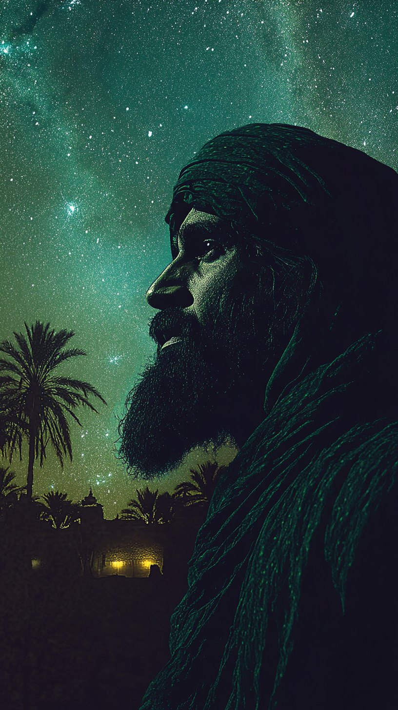 Arabian man in dark green scarf at night - ar 9:16