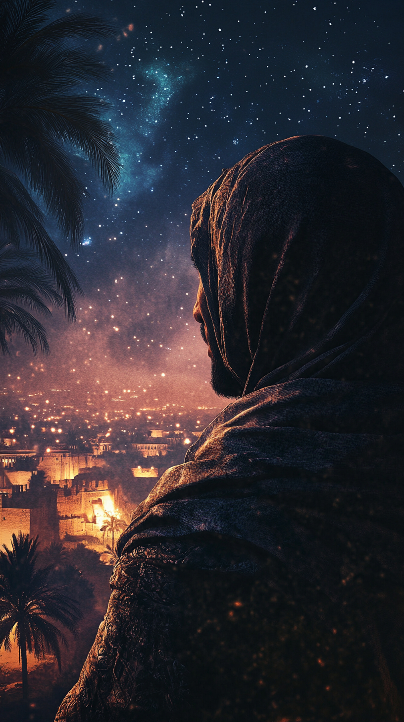 Arabian man in scarf gazes at night cityscape -ar 9:16