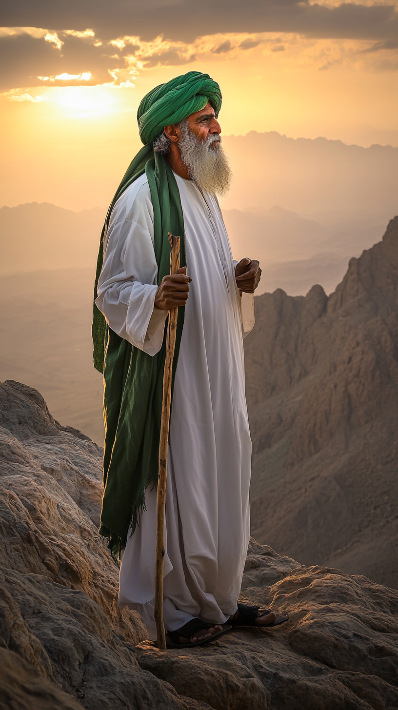 Arabian man in traditional robes on mountain at sunset