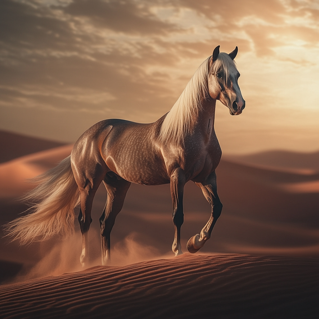 Arabian mare horse in desert at dusk, 8k detail.