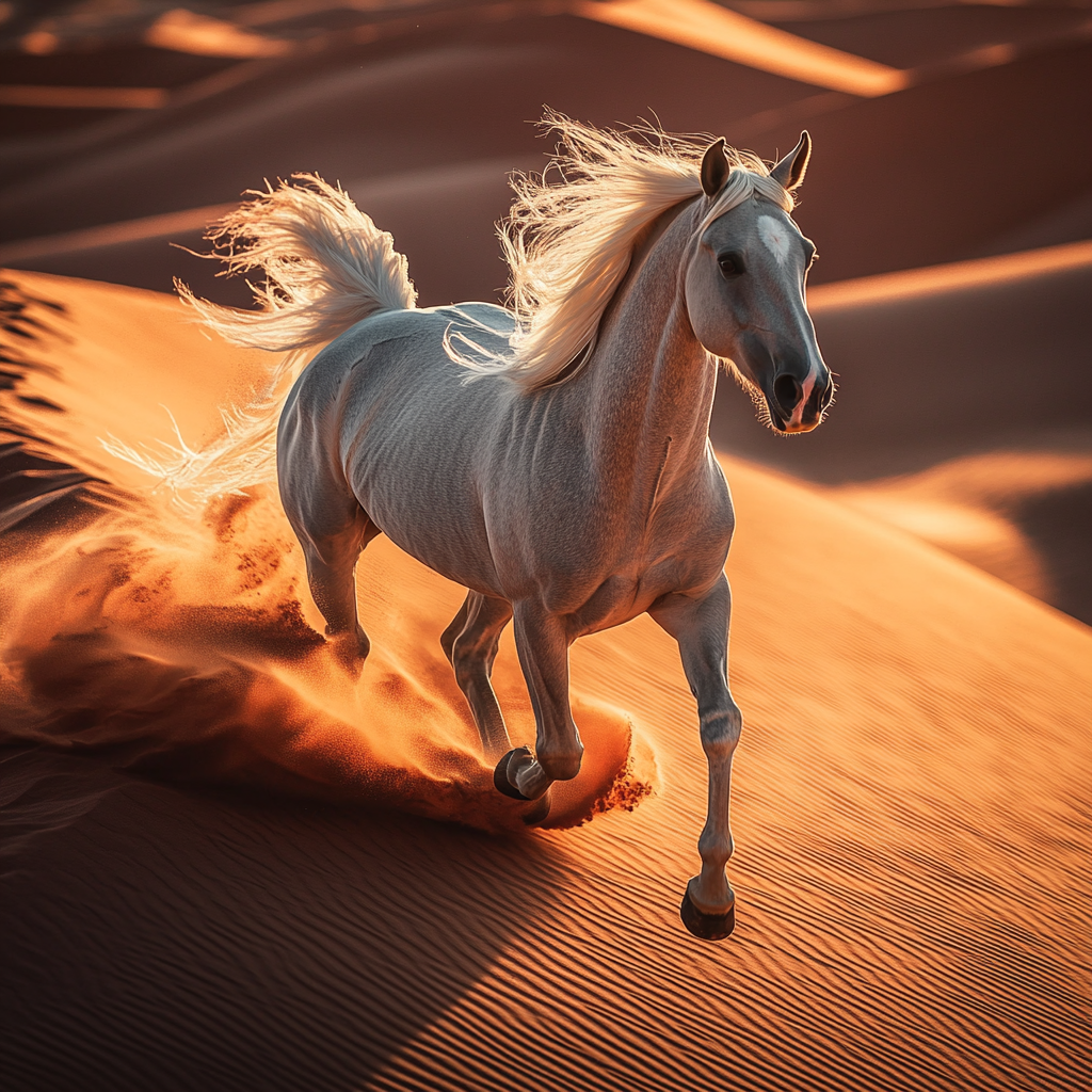 Arabian mare horse running in desert at dusk.