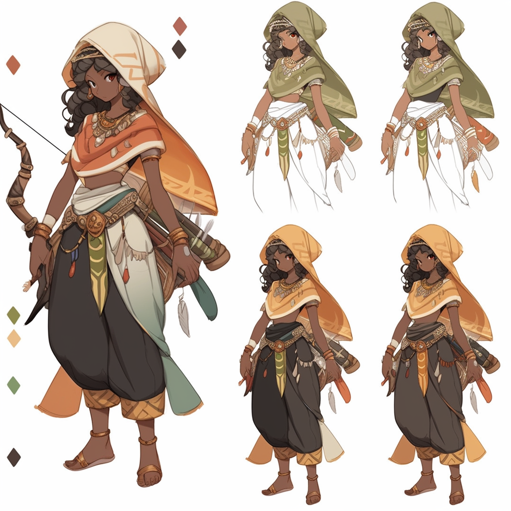 Arabic Female Archer Character Sheet with Multiple Poses